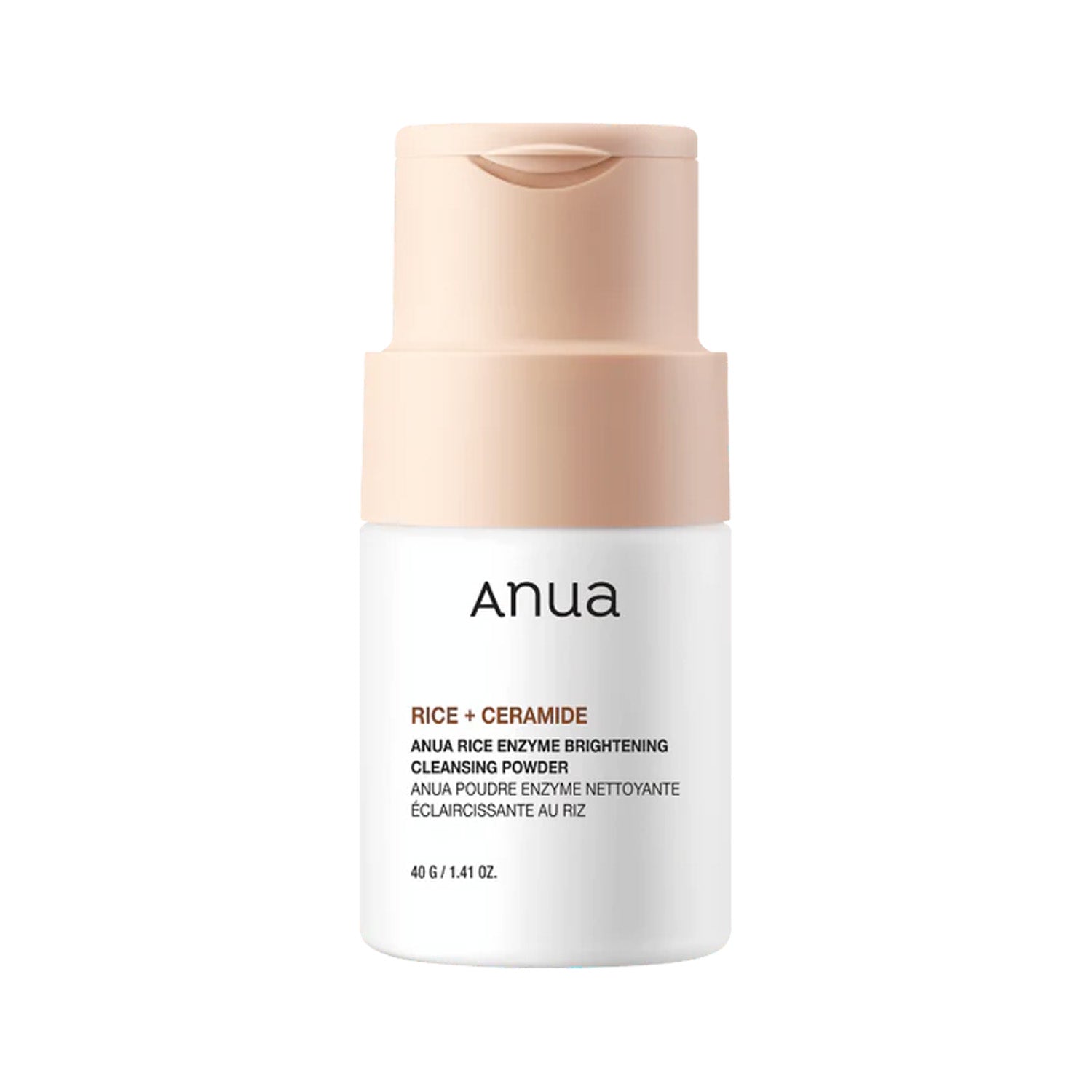 Anua rice enzyme brightening cleansing powder bottle on a white background