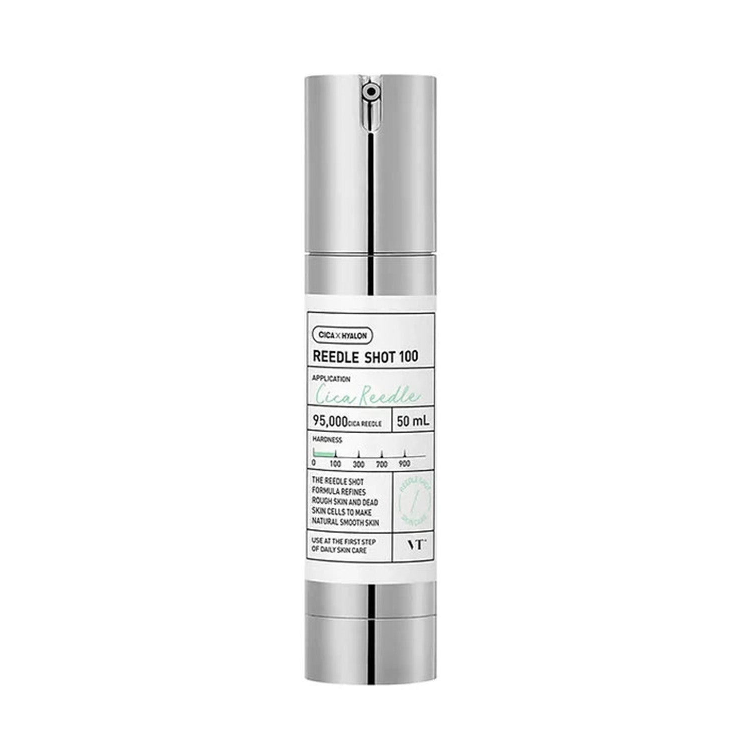 VT Cosmetics Reedle Shot 100 ampoule, 50ml bottle with micro-needle technology and Centella Asiatica for skin rejuvenation and improved texture.
