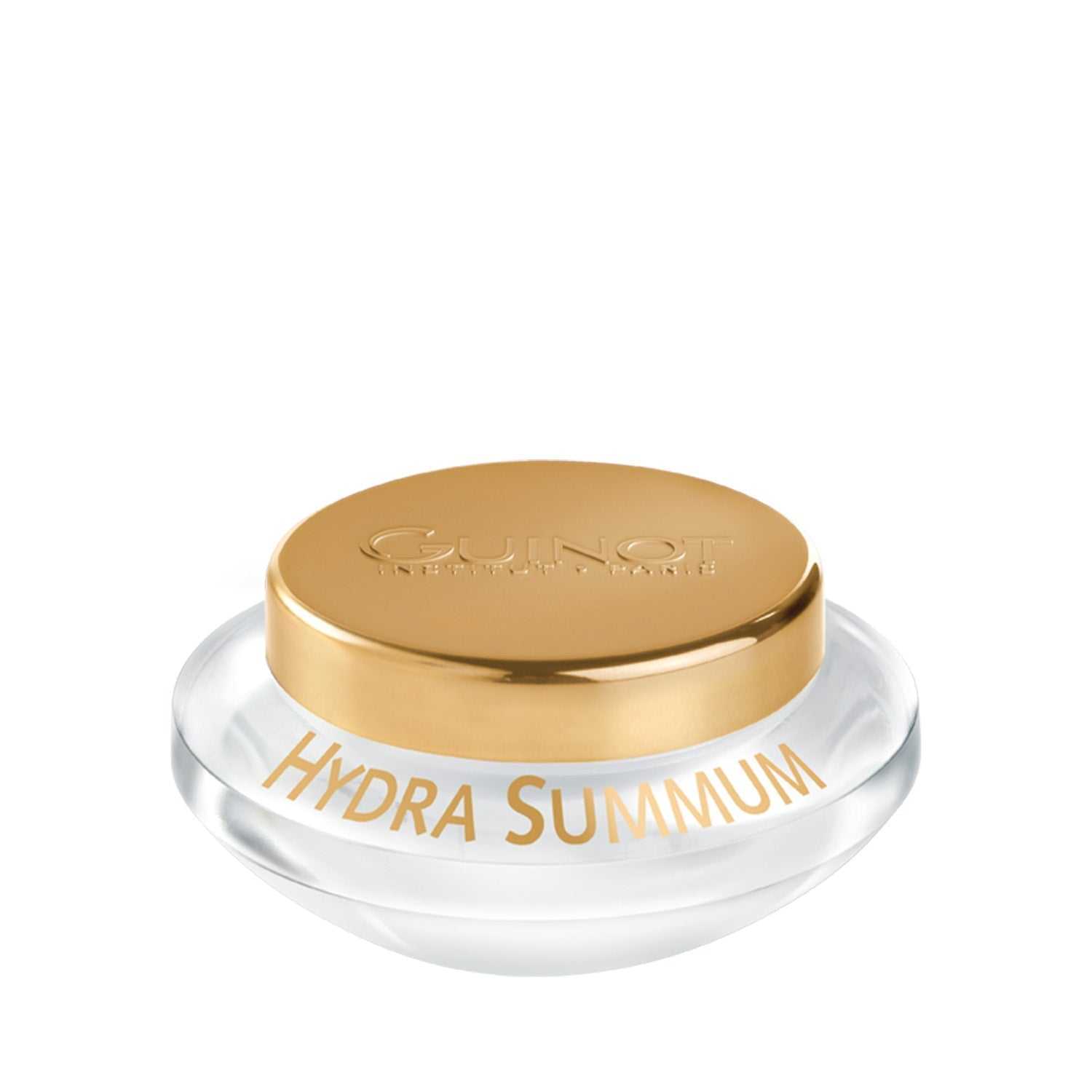 Guinot Creme Hydra Summum 50ml jar with gold lid on white background.