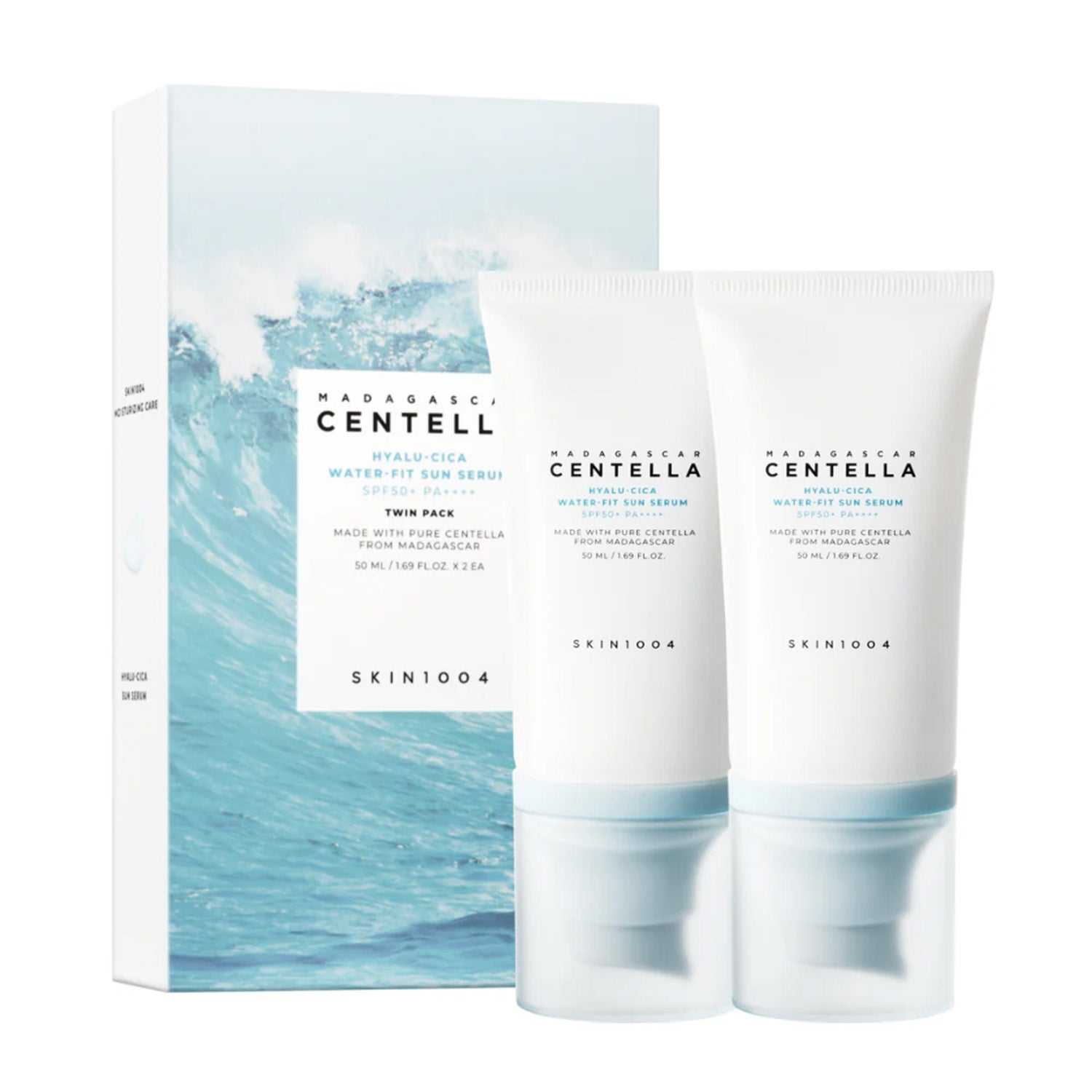 SKIN1004 Madagascar Centella Hyalu-Cica Water-Fit Sun Serum SPF50, Twin Duo packaging.
