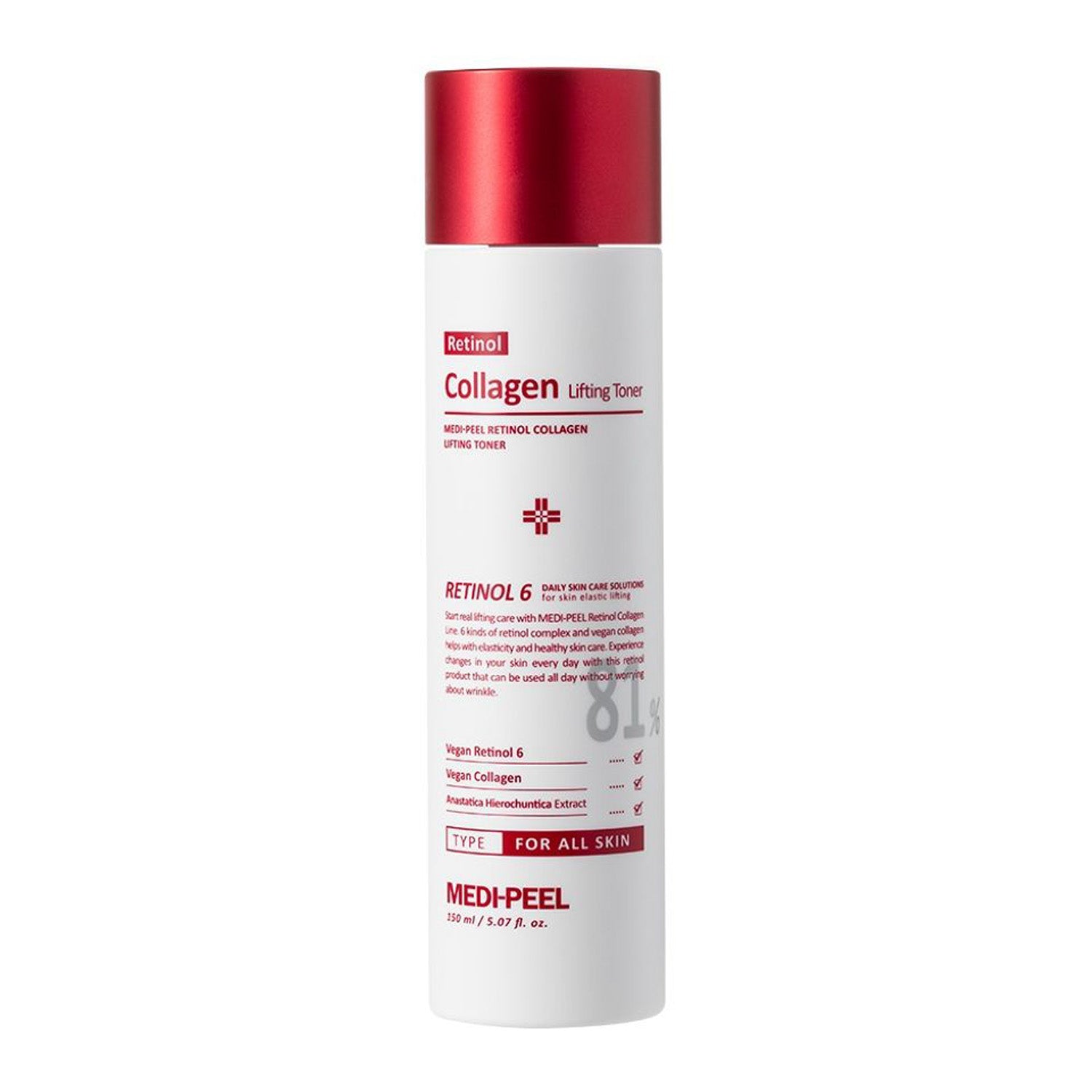 The Medi‑Peel Retinol Collagen Lifting Toner is a first-step, anti-aging essence-toner infused with a six-type Retinol complex and vegan collagen, designed to firm skin, smooth wrinkles, and tighten pores