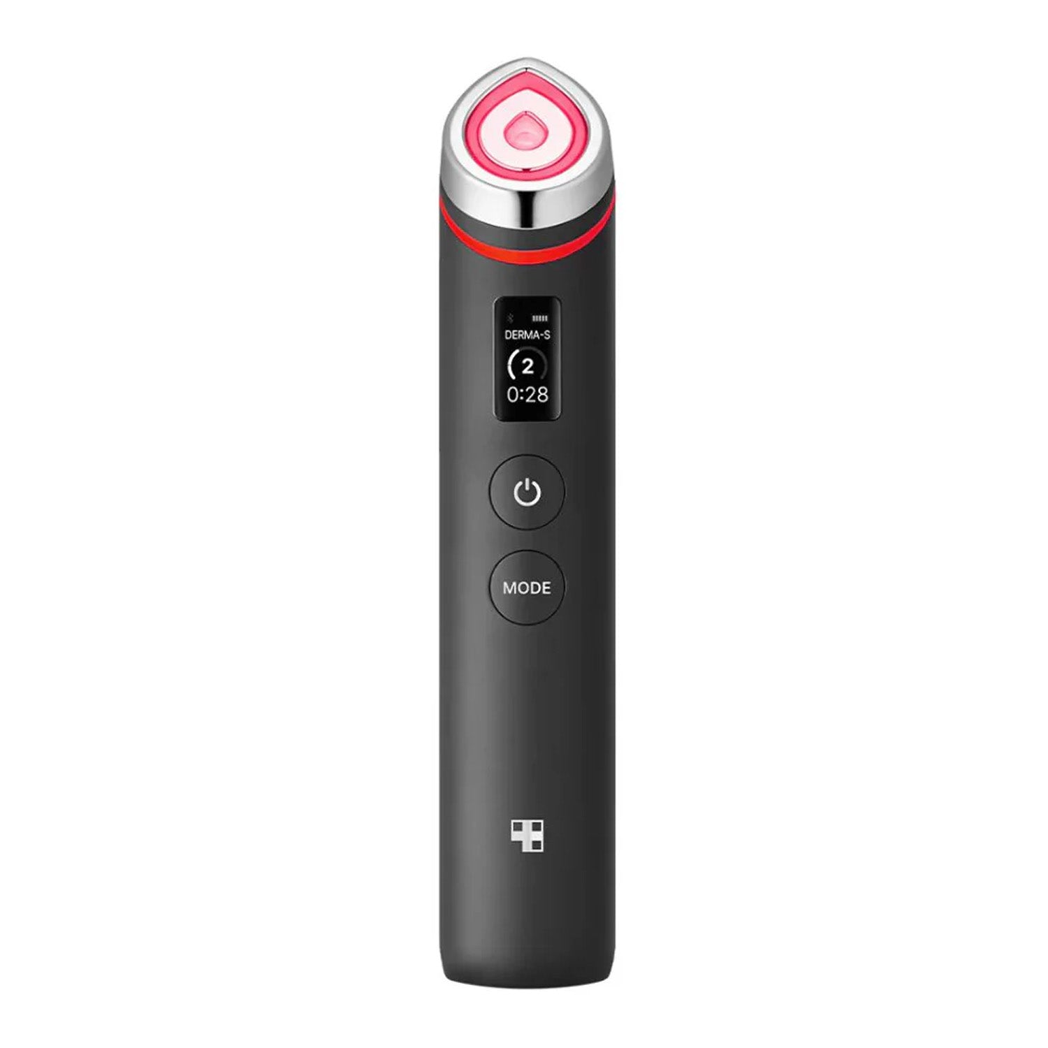 Black electronic device with red top on a white background