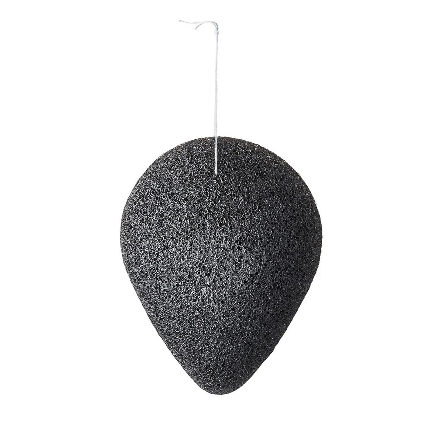 Black textured sponge with a hook on a white background
