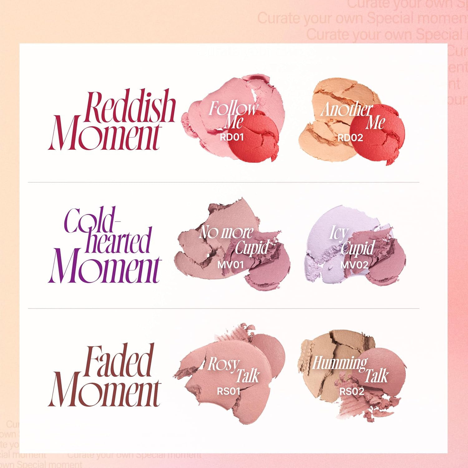 Makeup product packaging with color names and shades on a light pink background