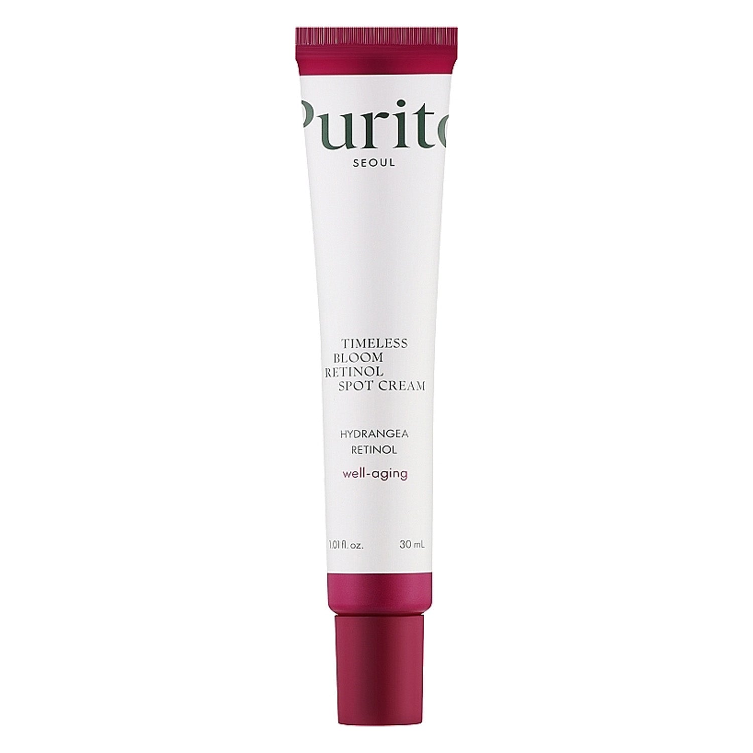 Tube of Purito Seoul Timeless Bloom Rescue Spot Cream on a white background